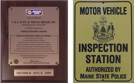 NAPA AutoCare Center plaque / Maine State Police authorized Inspection Station
